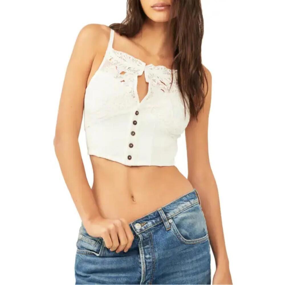 Free People Have My Heart Crop Cotton Camisole Medium, PAINTED WHITE - Picture 2 of 4